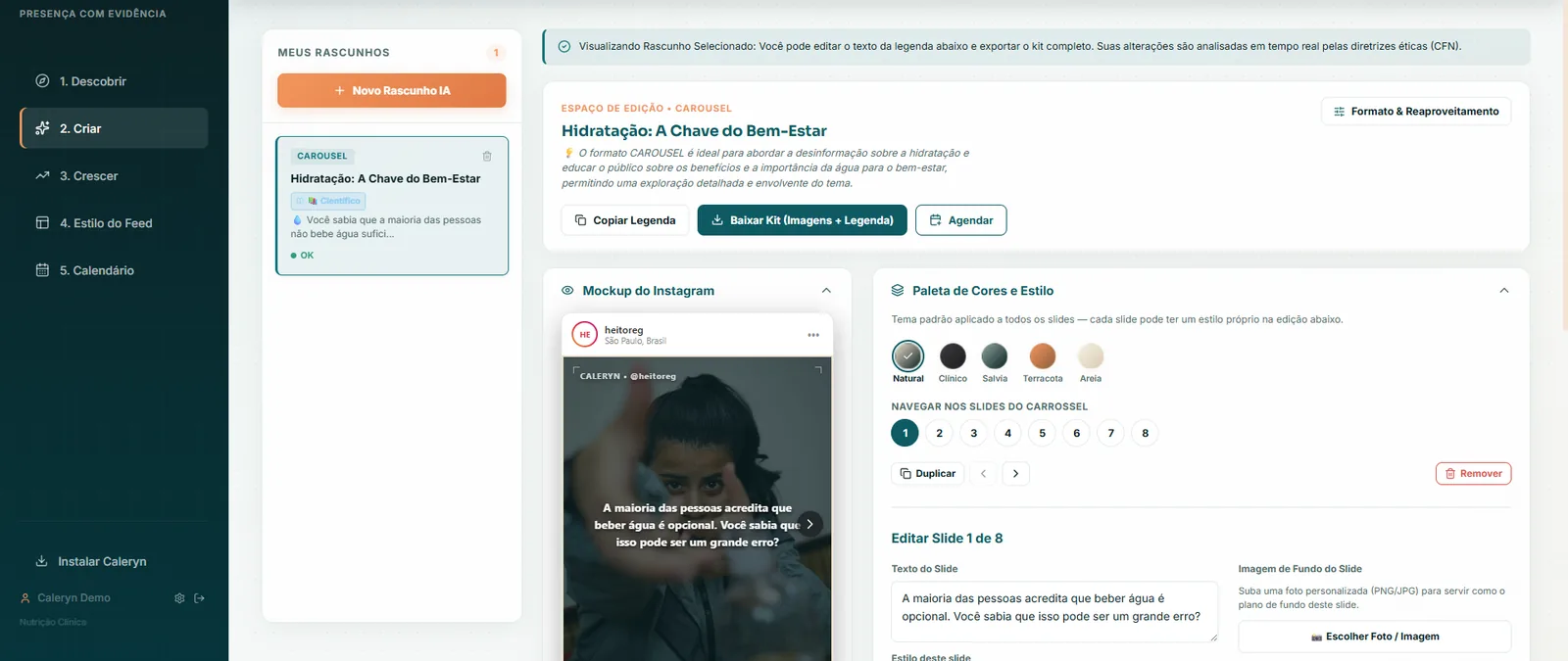 Editor do Caleryn: rascunho de um carrossel em edição, com o mockup do Instagram e a paleta de cores da marca ao lado